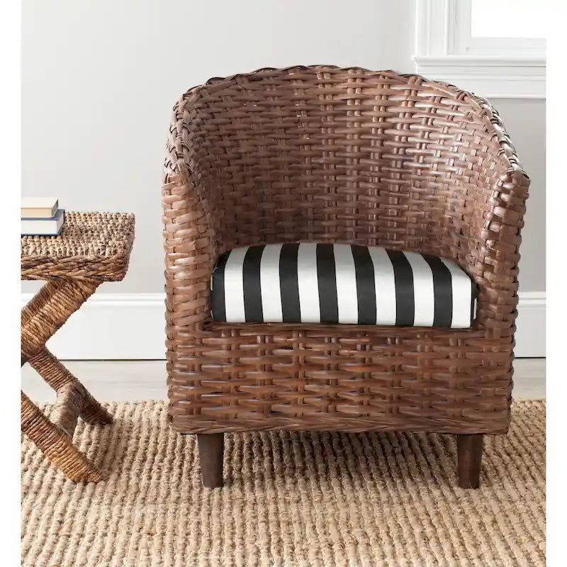 Rattan Barrel Chair with Cushion - British Colonial Style, Intricately Woven, White Cushion, 29" W x 27" D x 33" H Accent Chair