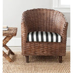 Rattan Barrel Chair with Cushion - British Colonial Style, Intricately Woven, White Cushion, 29" W x 27" D x 33" H Accent Chair