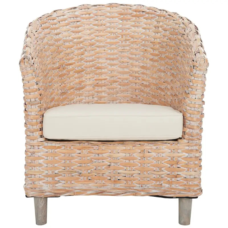 Rattan Barrel Chair with Cushion - British Colonial Style, Intricately Woven, White Cushion, 29" W x 27" D x 33" H Accent Chair