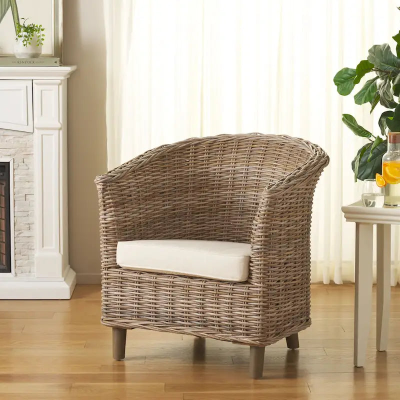 Rattan Barrel Chair with Cushion - British Colonial Style, Intricately Woven, White Cushion, 29" W x 27" D x 33" H Accent Chair
