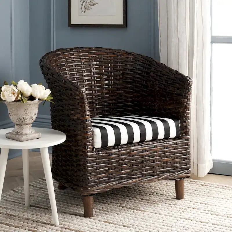 Rattan Barrel Chair with Cushion - British Colonial Style, Intricately Woven, White Cushion, 29" W x 27" D x 33" H Accent Chair