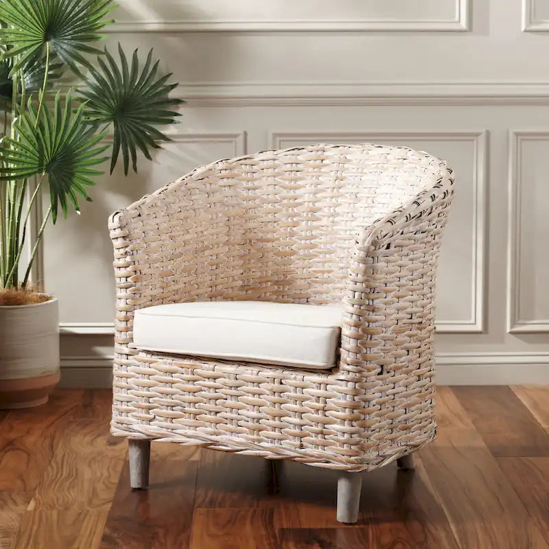 Rattan Barrel Chair with Cushion - British Colonial Style, Intricately Woven, White Cushion, 29" W x 27" D x 33" H Accent Chair