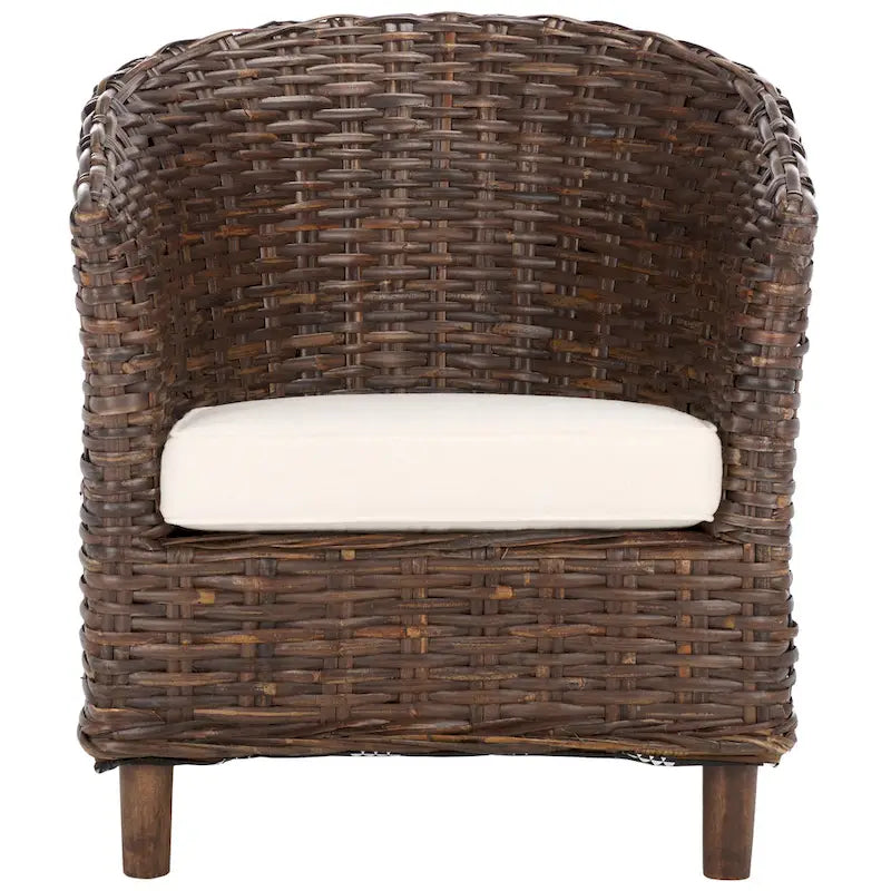 Rattan Barrel Chair with Cushion - British Colonial Style, Intricately Woven, White Cushion, 29" W x 27" D x 33" H Accent Chair