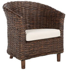 Rattan Barrel Chair with Cushion - British Colonial Style, Intricately Woven, White Cushion, 29" W x 27" D x 33" H Accent Chair