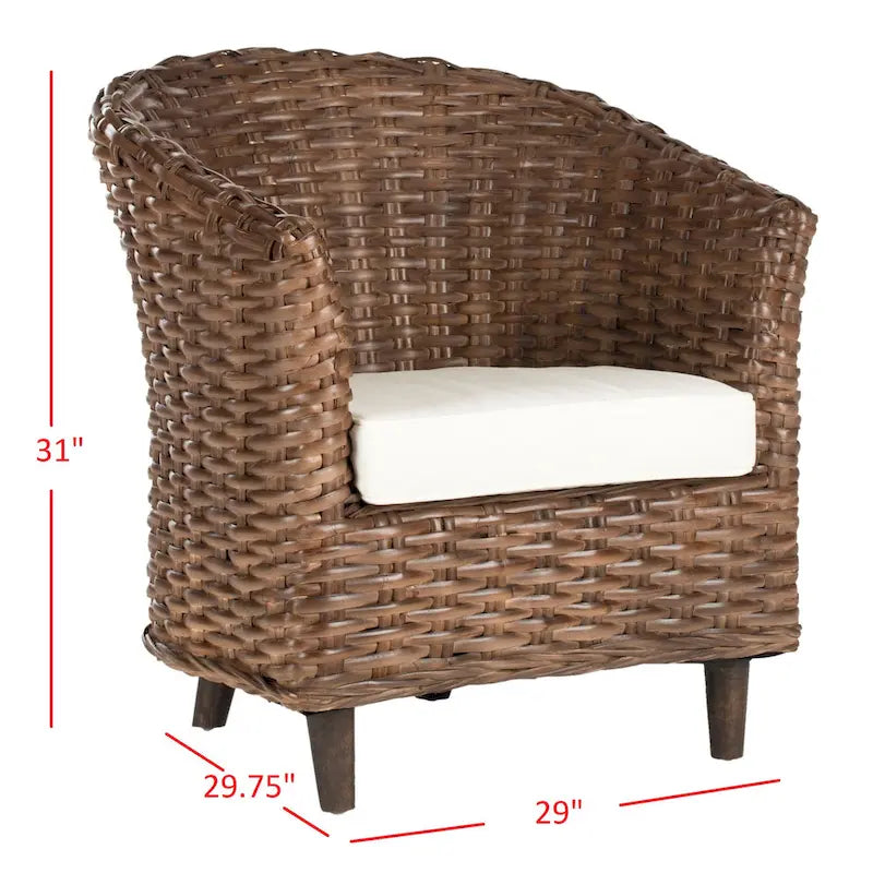 Rattan Barrel Chair with Cushion - British Colonial Style, Intricately Woven, White Cushion, 29" W x 27" D x 33" H Accent Chair