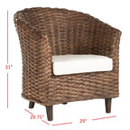 Rattan Barrel Chair with Cushion - British Colonial Style, Intricately Woven, White Cushion, 29" W x 27" D x 33" H Accent Chair