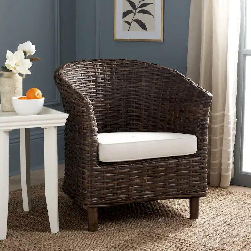 Rattan Barrel Chair with Cushion - British Colonial Style, Intricately Woven, White Cushion, 29" W x 27" D x 33" H Accent Chair