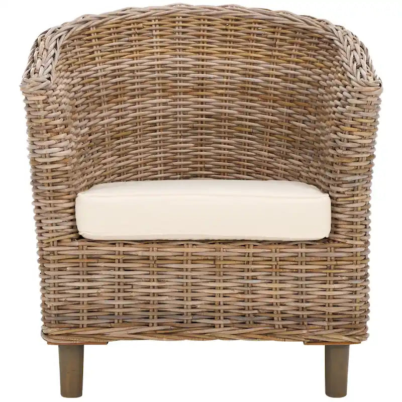 Rattan Barrel Chair with Cushion - British Colonial Style, Intricately Woven, White Cushion, 29" W x 27" D x 33" H Accent Chair