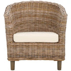 Rattan Barrel Chair with Cushion - British Colonial Style, Intricately Woven, White Cushion, 29" W x 27" D x 33" H Accent Chair
