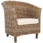 Rattan Barrel Chair with Cushion - British Colonial Style, Intricately Woven, White Cushion, 29" W x 27" D x 33" H Accent Chair