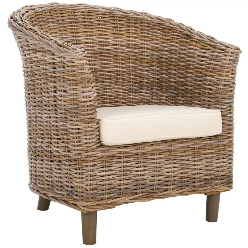 Rattan Barrel Chair with Cushion - British Colonial Style, Intricately Woven, White Cushion, 29" W x 27" D x 33" H Accent Chair