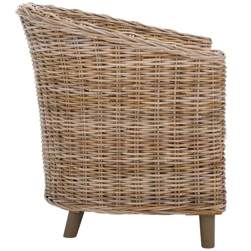 Rattan Barrel Chair with Cushion - British Colonial Style, Intricately Woven, White Cushion, 29" W x 27" D x 33" H Accent Chair