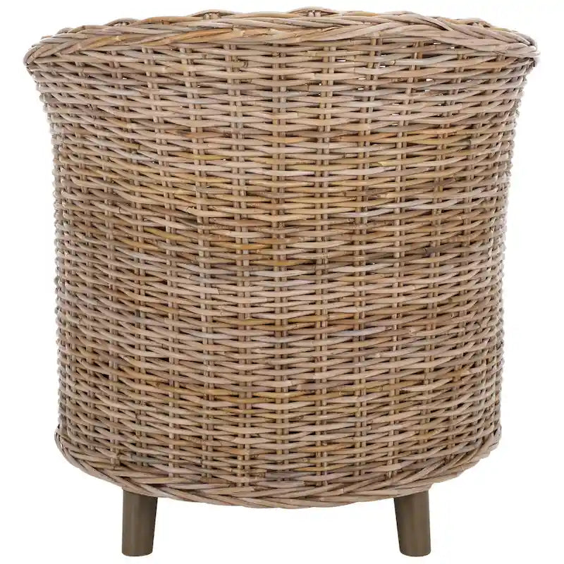 Rattan Barrel Chair with Cushion - British Colonial Style, Intricately Woven, White Cushion, 29" W x 27" D x 33" H Accent Chair
