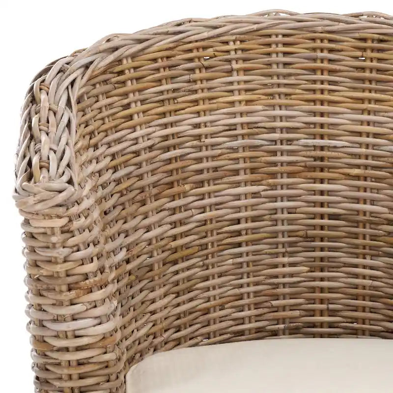 Rattan Barrel Chair with Cushion - British Colonial Style, Intricately Woven, White Cushion, 29" W x 27" D x 33" H Accent Chair