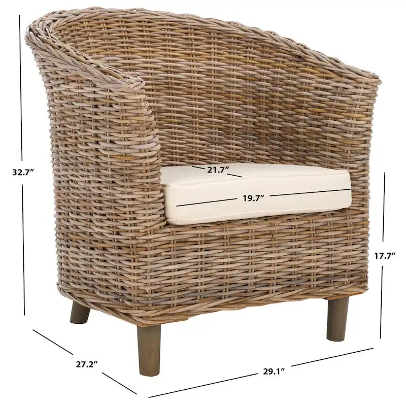 Rattan Barrel Chair with Cushion - British Colonial Style, Intricately Woven, White Cushion, 29" W x 27" D x 33" H Accent Chair