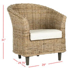 Rattan Barrel Chair with Cushion - British Colonial Style, Intricately Woven, White Cushion, 29" W x 27" D x 33" H Accent Chair