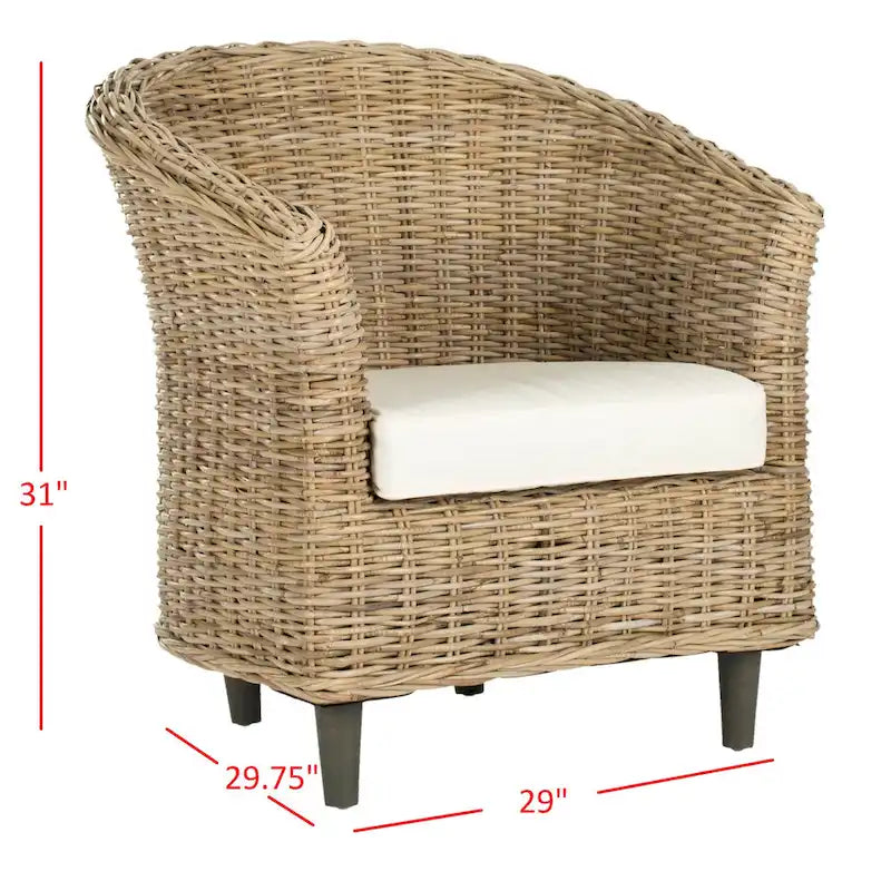 Rattan Barrel Chair with Cushion - British Colonial Style, Intricately Woven, White Cushion, 29" W x 27" D x 33" H Accent Chair