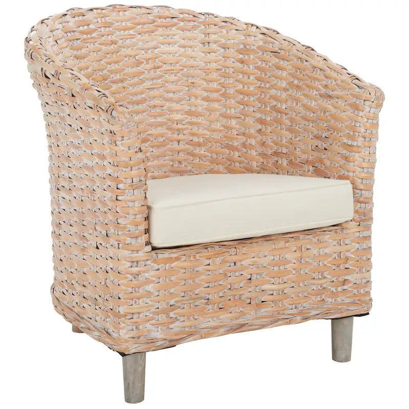 Rattan Barrel Chair with Cushion - British Colonial Style, Intricately Woven, White Cushion, 29" W x 27" D x 33" H Accent Chair