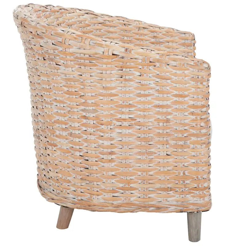 Rattan Barrel Chair with Cushion - British Colonial Style, Intricately Woven, White Cushion, 29" W x 27" D x 33" H Accent Chair