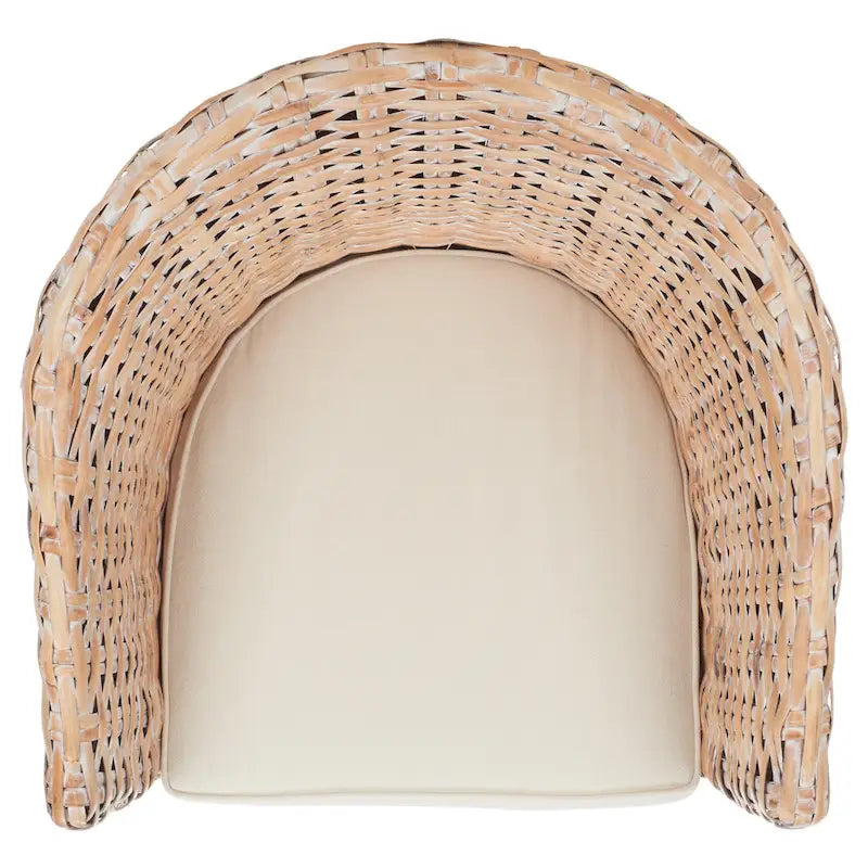 Rattan Barrel Chair with Cushion - British Colonial Style, Intricately Woven, White Cushion, 29" W x 27" D x 33" H Accent Chair