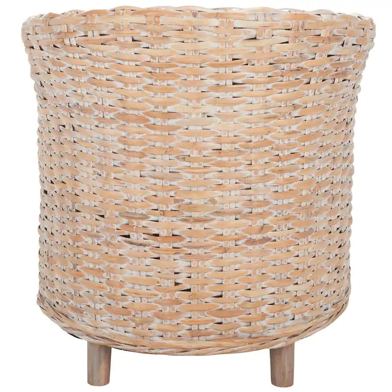Rattan Barrel Chair with Cushion - British Colonial Style, Intricately Woven, White Cushion, 29" W x 27" D x 33" H Accent Chair