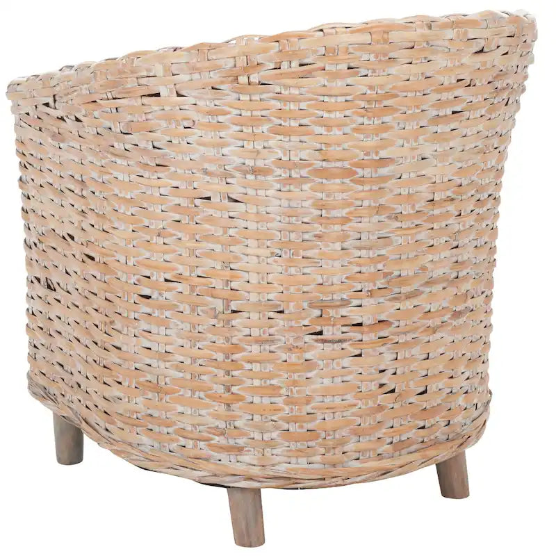 Rattan Barrel Chair with Cushion - British Colonial Style, Intricately Woven, White Cushion, 29" W x 27" D x 33" H Accent Chair