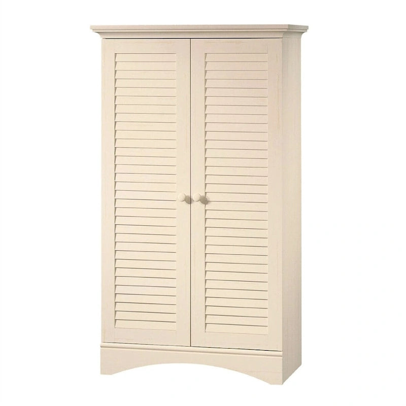 Vintage Antique White Wood Finish Wardrobe Armoire Storage Cabinet with Louver Doors - 35.4W x 16.8D x 61H
