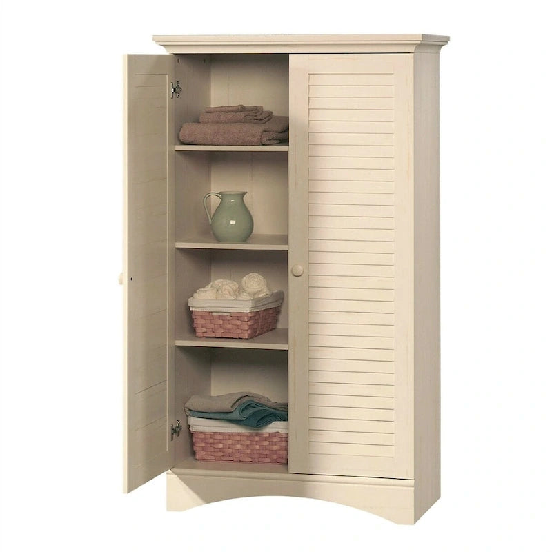 61"H Vintage Wardrobe Armoire with Louver Doors - 4 Adjustable Shelves - Antique White Wood - 35.4"W x 16.8"D - Cottage Style - Bedroom Storage Cabinet