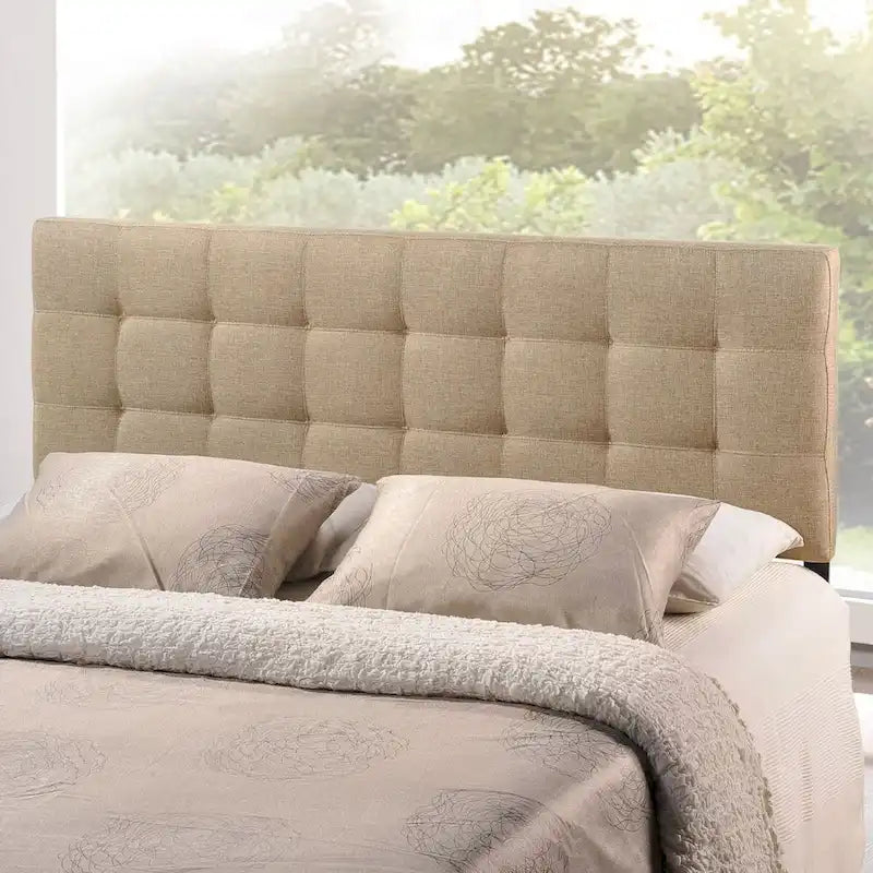 King Size Upholstered Headboard - Mid-Century Style with Deep Button Tufting, Beige Fabric, Adjustable Height Mounting