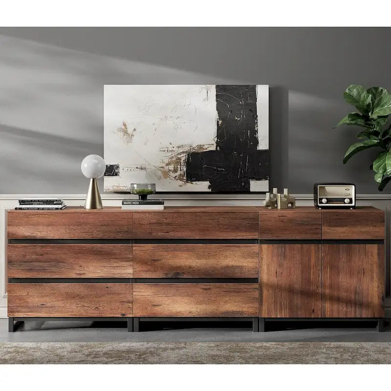 Modern TV Stand Storage Cabinet with Drawers & Adjustable Shelf, Walnut Wood Grain Sideboard, Brown