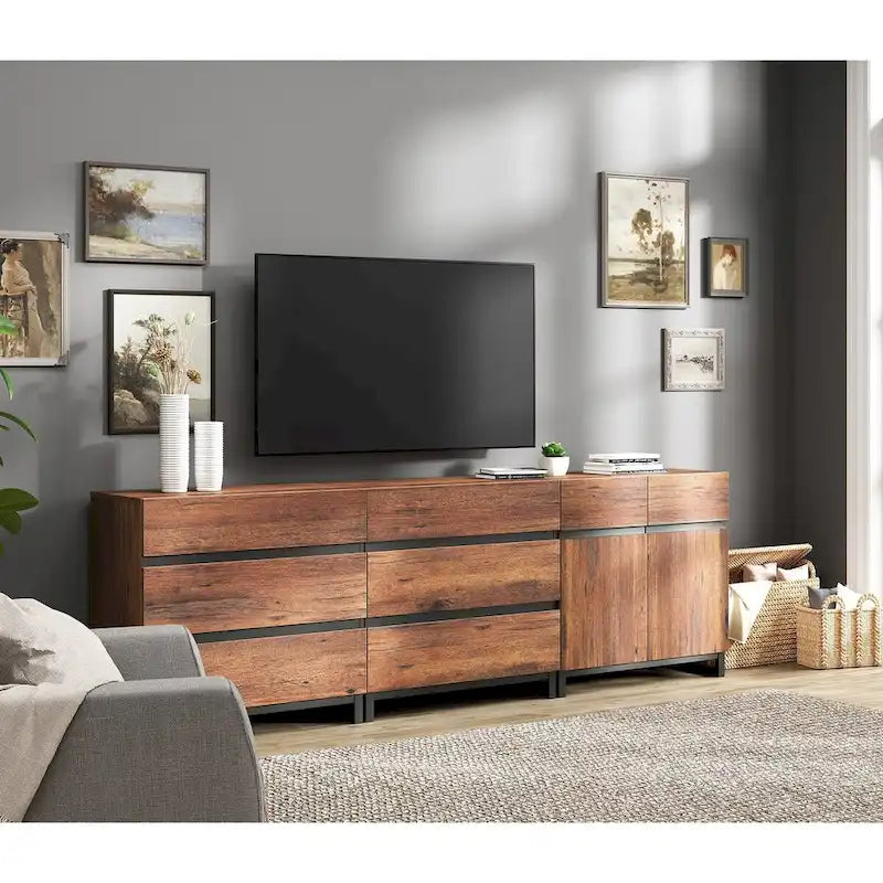 Modern TV Stand Storage Cabinet with Drawers & Adjustable Shelf, Walnut Wood Grain Sideboard, Brown
