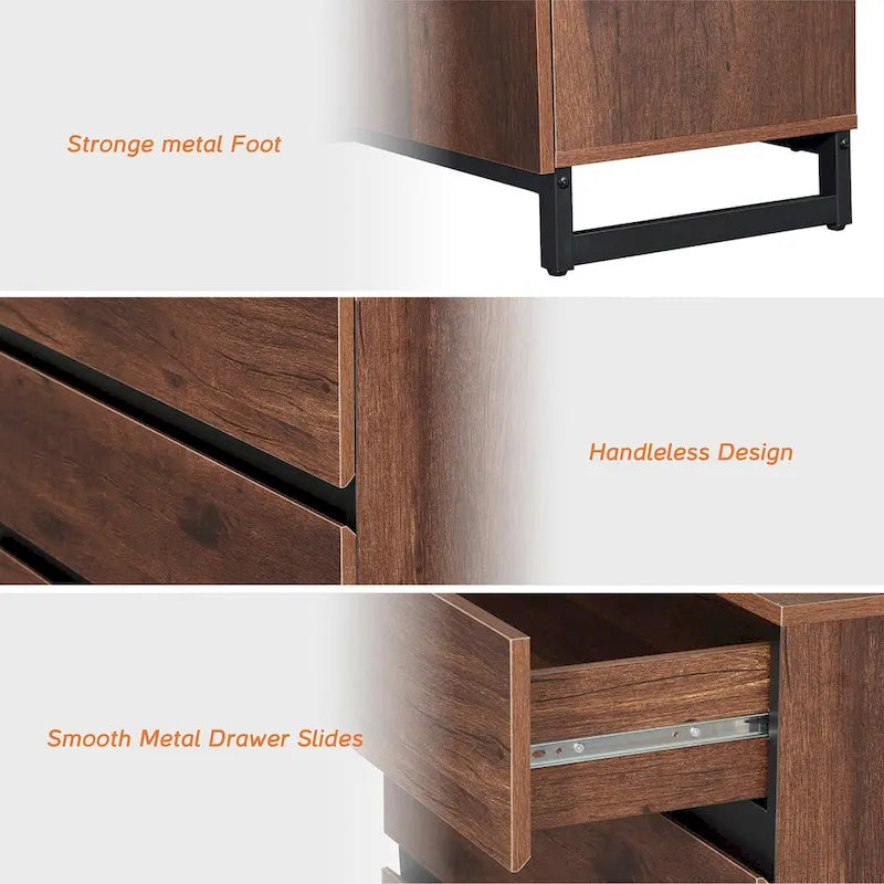 Modern TV Stand Storage Cabinet with Drawers & Adjustable Shelf, Walnut Wood Grain Sideboard, Brown