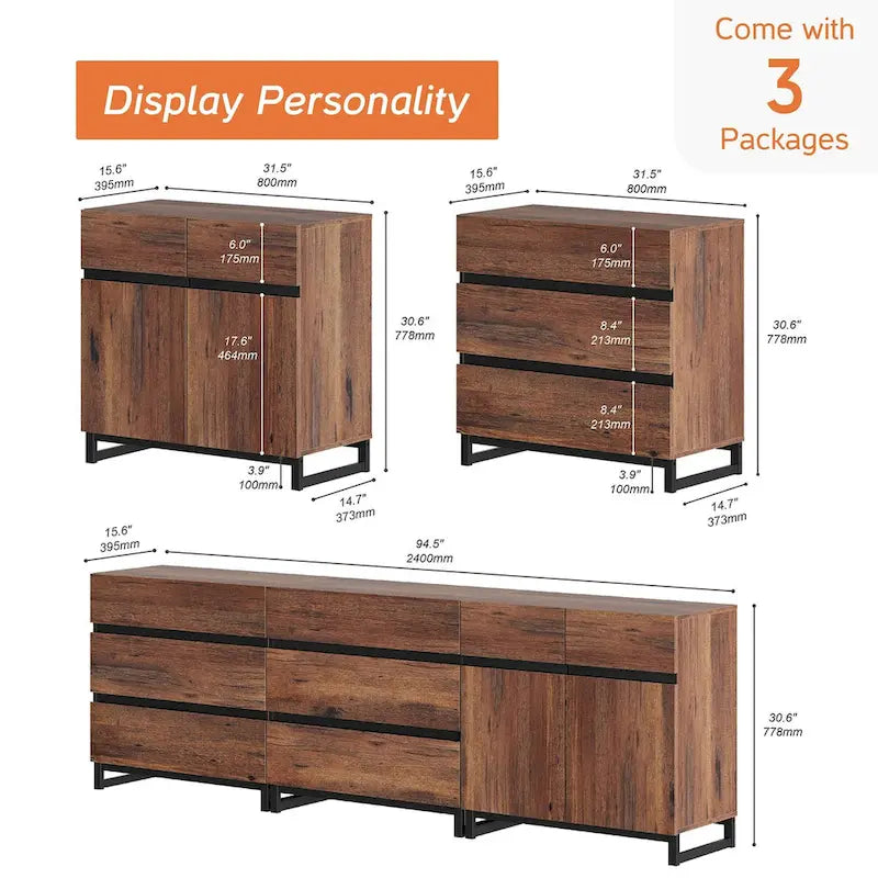 Modern TV Stand Storage Cabinet with Drawers & Adjustable Shelf, Walnut Wood Grain Sideboard, Brown
