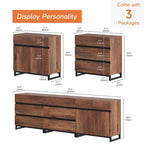 Modern TV Stand Storage Cabinet with Drawers & Adjustable Shelf, Walnut Wood Grain Sideboard, Brown