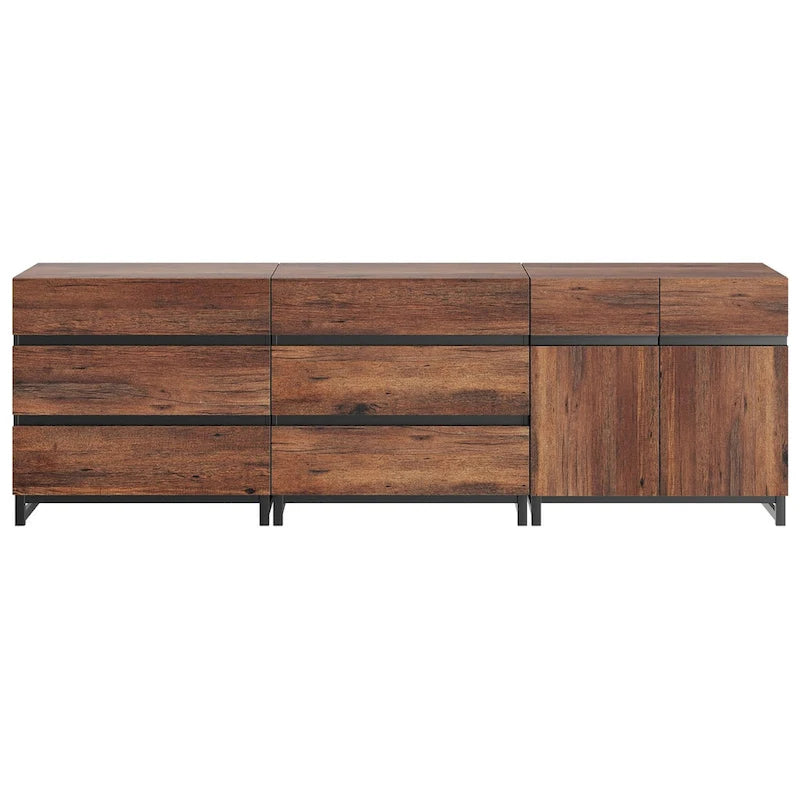 Modern TV Stand Storage Cabinet with Drawers & Adjustable Shelf, Walnut Wood Grain Sideboard, Brown