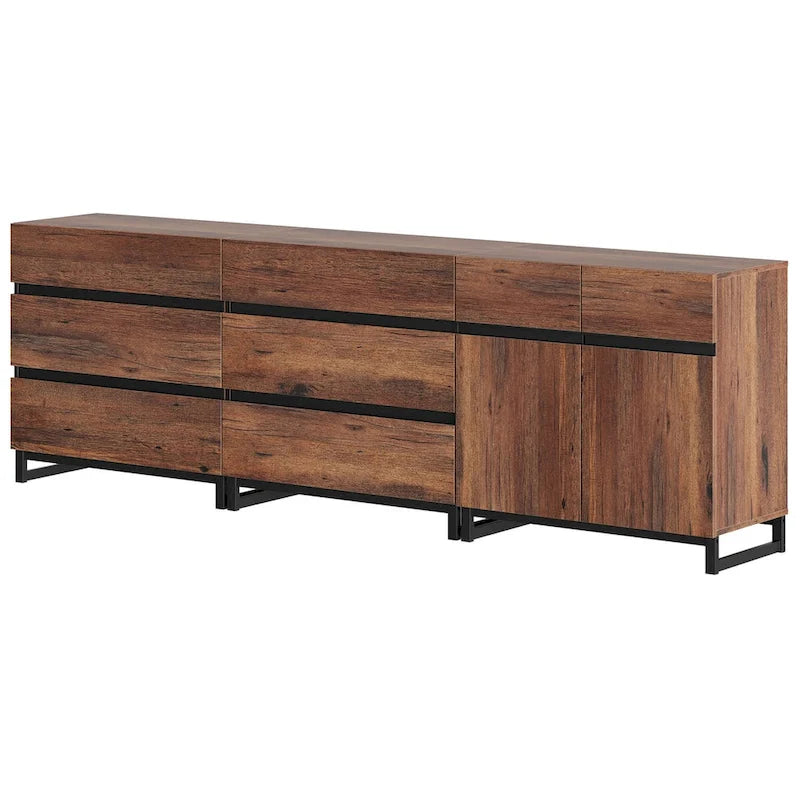 Modern TV Stand Storage Cabinet with Drawers & Adjustable Shelf, Walnut Wood Grain Sideboard, Brown