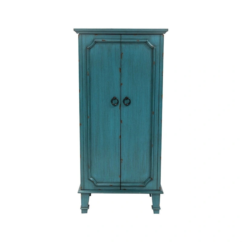 Vintage Turquoise Hand Painted Jewelry Armoire with Antique Drawer Pulls - 13.8 x 19 x 40 inches