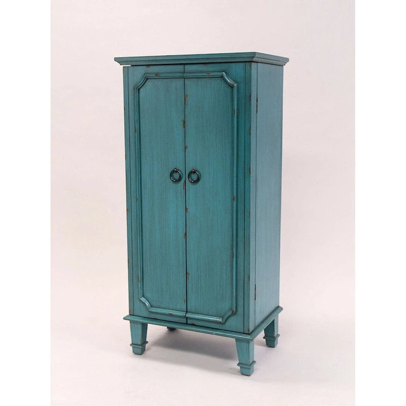 40"H Jewelry Armoire - Hand-Painted Turquoise - Antique Drawer Pulls - Mirror Top - Felt-Lined - Ring Rolls - Solid Wood - 13.8"W x 19"D - Fully Assembled