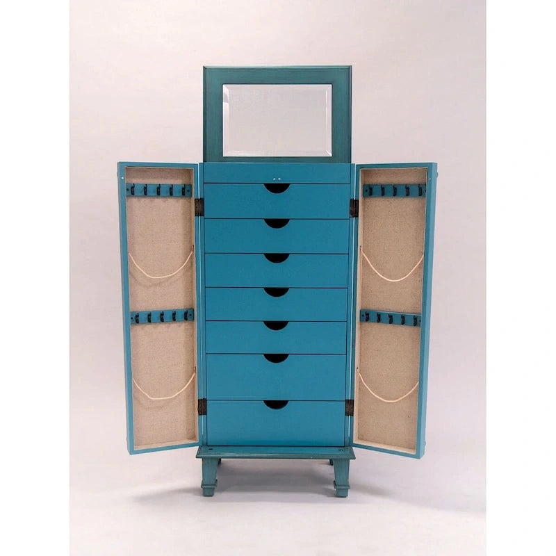 40"H Jewelry Armoire - Hand-Painted Turquoise - Antique Drawer Pulls - Mirror Top - Felt-Lined - Ring Rolls - Solid Wood - 13.8"W x 19"D - Fully Assembled