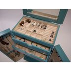 40"H Jewelry Armoire - Hand-Painted Turquoise - Antique Drawer Pulls - Mirror Top - Felt-Lined - Ring Rolls - Solid Wood - 13.8"W x 19"D - Fully Assembled