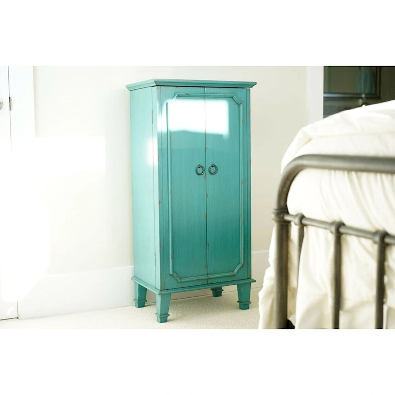 40"H Jewelry Armoire - Hand-Painted Turquoise - Antique Drawer Pulls - Mirror Top - Felt-Lined - Ring Rolls - Solid Wood - 13.8"W x 19"D - Fully Assembled