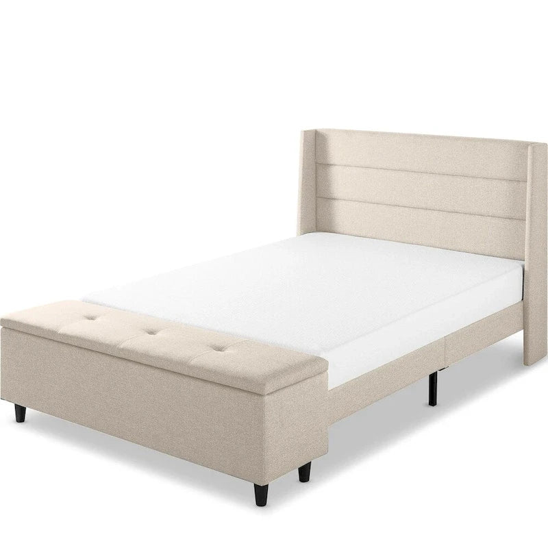 Beige Upholstered Platform Bed with Storage Ottoman - Wingback Headboard, Linear Tufting, Full/Queen, No Box Spring
