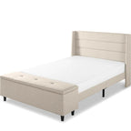 Beige Upholstered Platform Bed with Storage Ottoman - Wingback Headboard, Linear Tufting, Full/Queen, No Box Spring