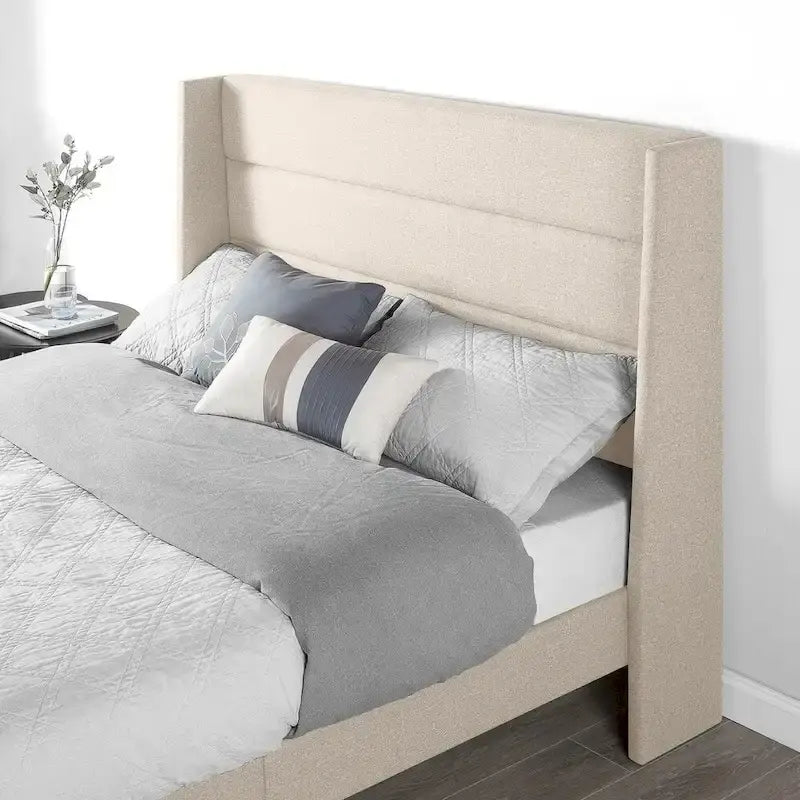 Beige Upholstered Platform Bed with Storage Ottoman - Wingback Headboard, Linear Tufting, Full/Queen, No Box Spring