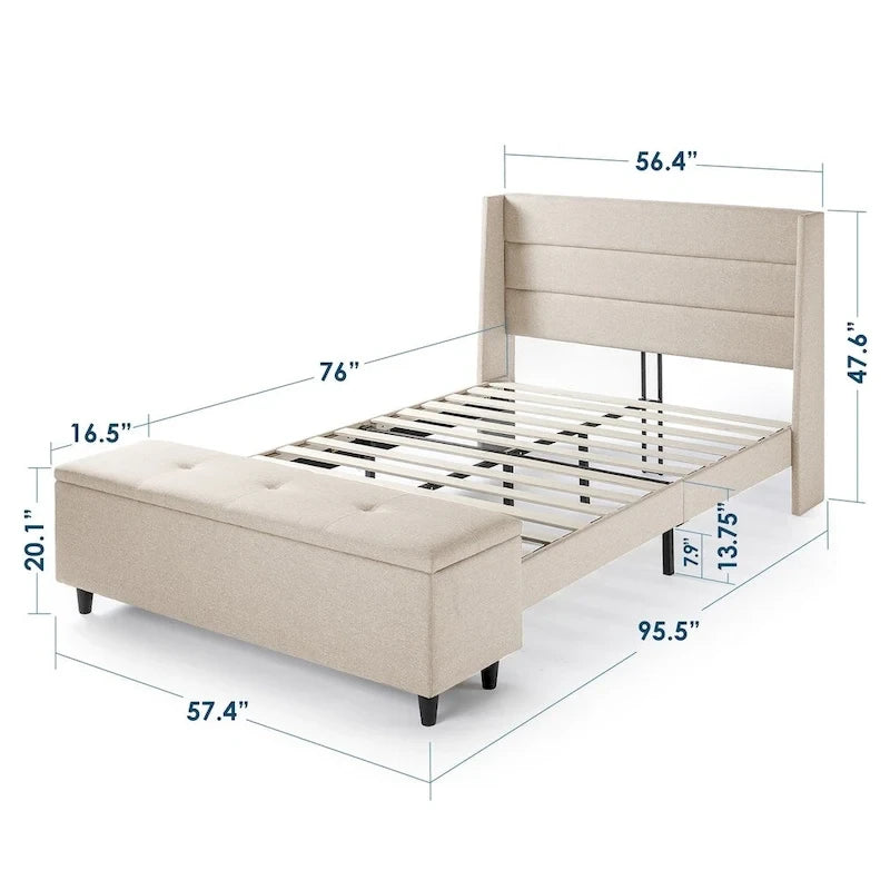 Beige Upholstered Platform Bed with Storage Ottoman - Wingback Headboard, Linear Tufting, Full/Queen, No Box Spring