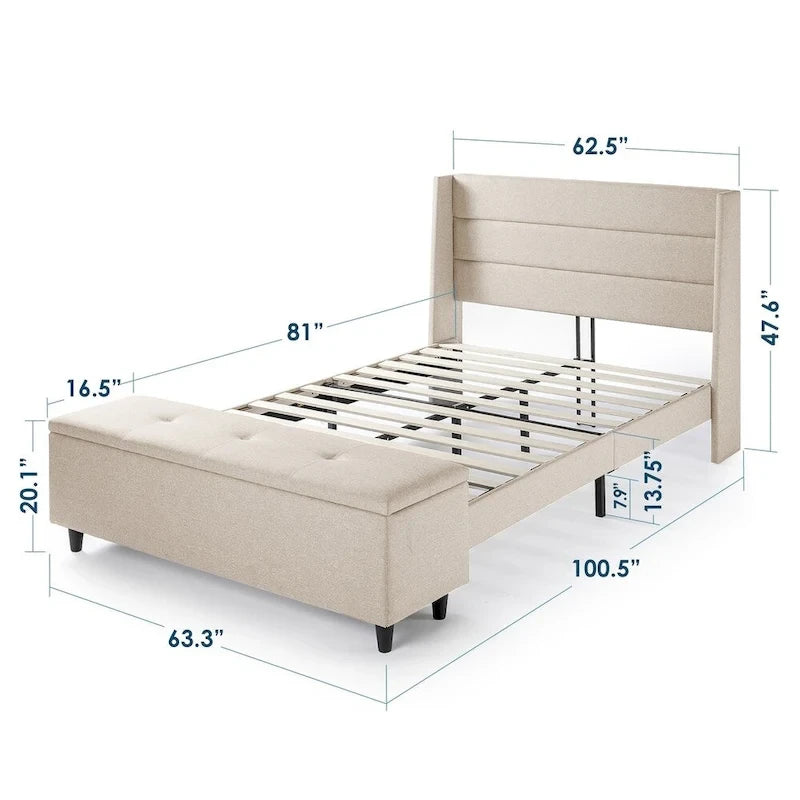 Beige Upholstered Platform Bed with Storage Ottoman - Wingback Headboard, Linear Tufting, Full/Queen, No Box Spring