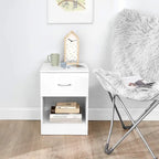 Compact Storage Table with Sliding Drawer & Open Shelf, 15.6"W x 15"D x 21.9"H, Particle Board Nightstand for Dorm Bedroom