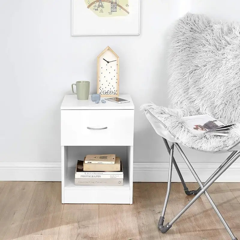 Compact Storage Table with Sliding Drawer & Open Shelf, 15.6"W x 15"D x 21.9"H, Particle Board Nightstand for Dorm Bedroom