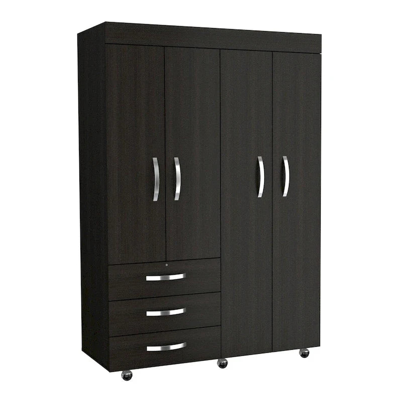 68"H Mobile Wardrobe Armoire - 2 Hanging Rods - 3 Drawers - 2 Shelves - Double Door Cabinets - 6 Caster Wheels - Black Wenge - 46.9"W x 18.5"D - Modern