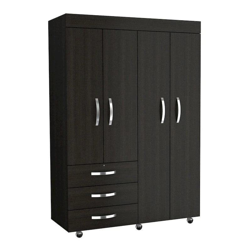 68"H Mobile Wardrobe Armoire - 2 Hanging Rods - 3 Drawers - 2 Shelves - Double Door Cabinets - 6 Caster Wheels - Black Wenge - 46.9"W x 18.5"D - Modern